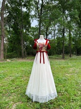 Floral Bodice Red Velvet Strap Ivory Tulle Gown